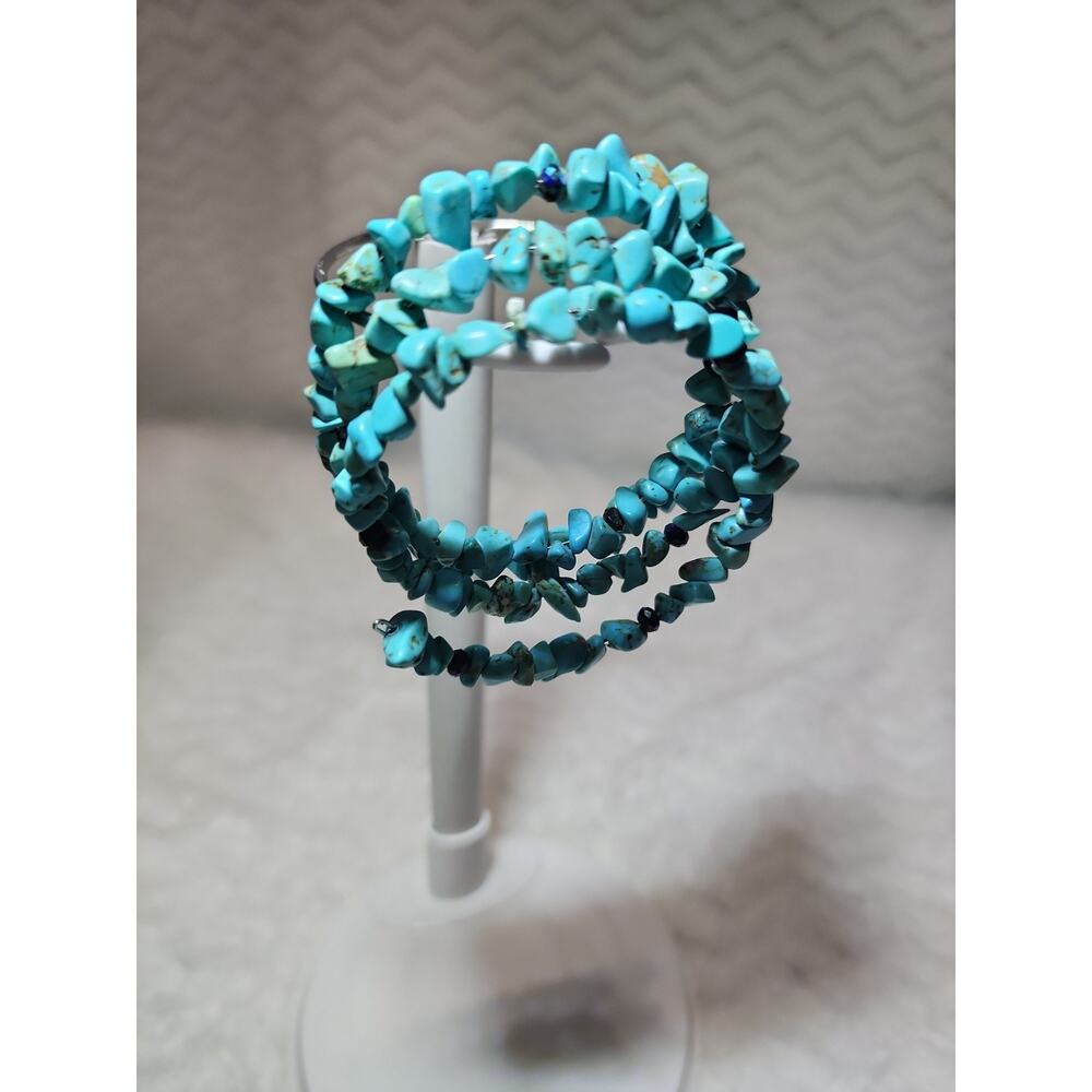Handmade Boho Turquoise-Style Chip Memory Wire Wrap Bracelet – Multi-Row Stack - Picture 9 of 9